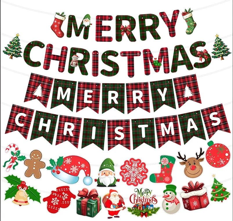 Christmas Plaid Banner & Bunting Set — MERRY CHRISTMAS with Ornaments
