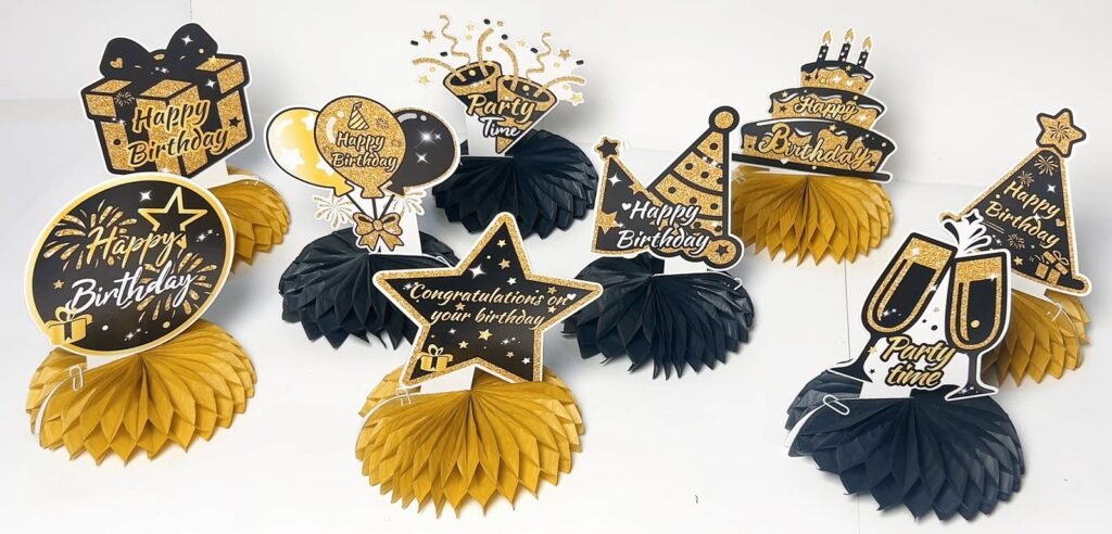 Gold & Black Birthday Honeycomb Table Decorations