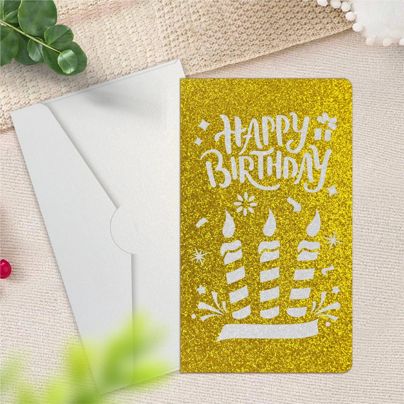 Gold laser-cut birthday greeting card with envelope