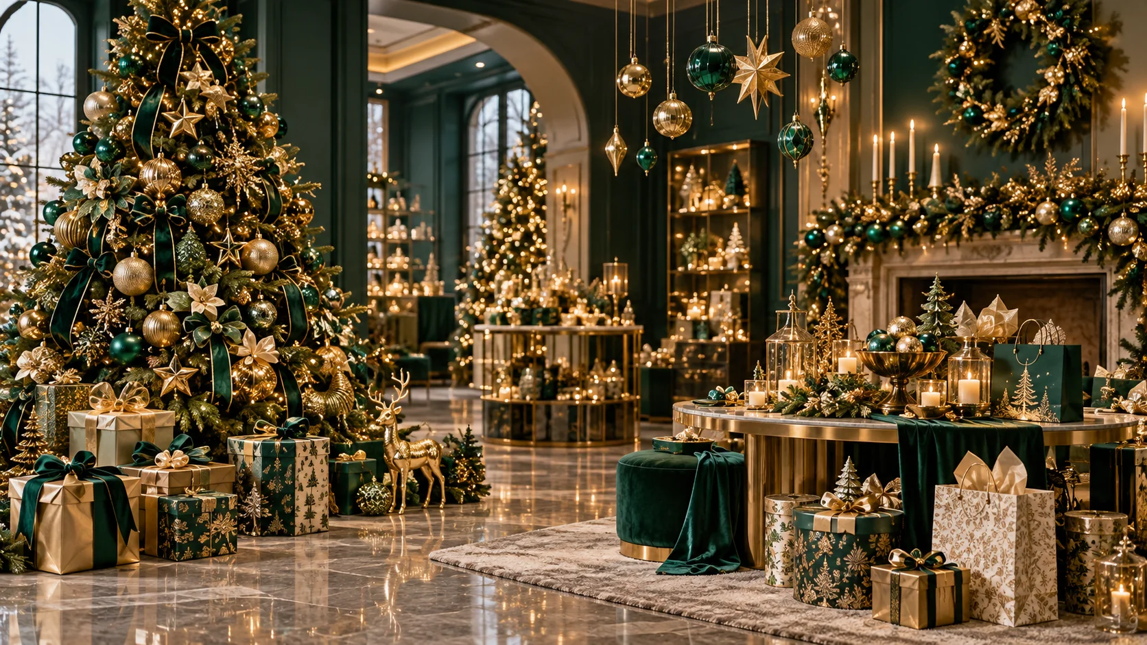 Concept render of an emerald and gold Christmas grand hall with decorated trees, hanging ornaments, wrapped gift boxes and gift bags.