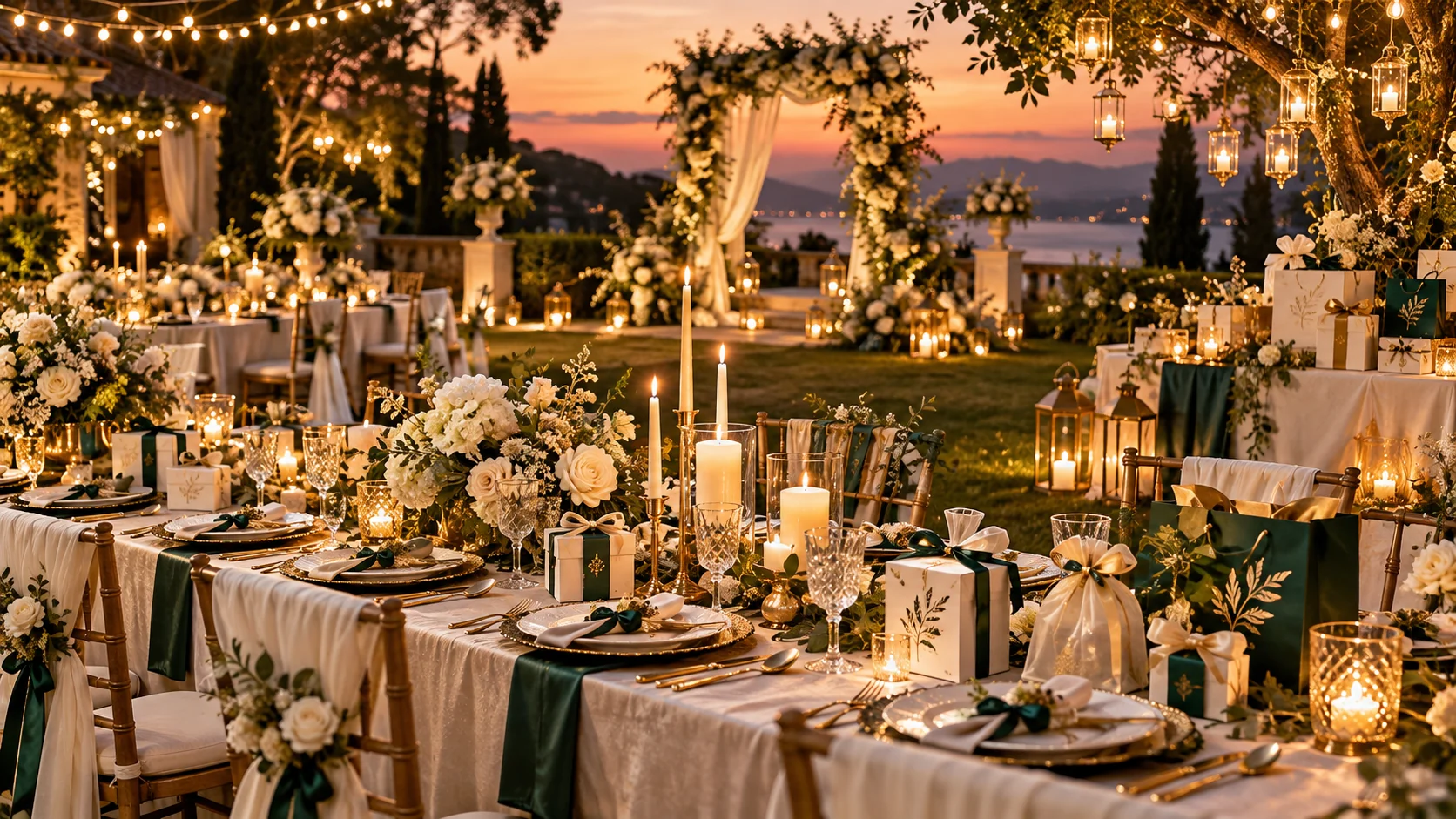 Concept render of a lakeside wedding at dusk with a long banquet table, favor boxes, ribbon-tied napkins, lanterns and a floral arch.