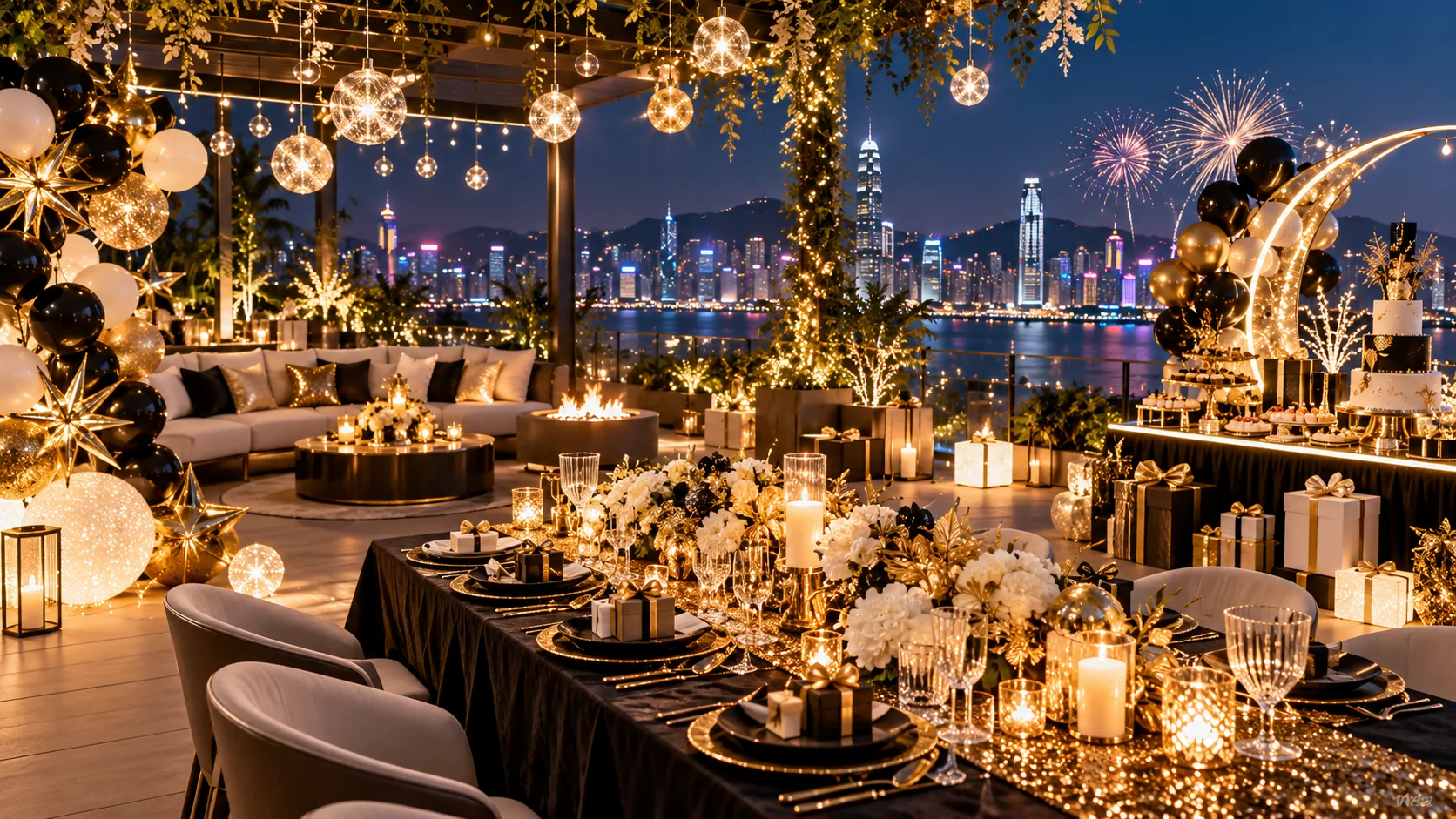 Concept render of a rooftop New Year party at night with glowing LED globes, black and gold balloons, a harbour skyline and fireworks.