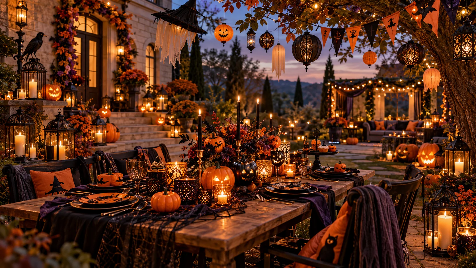 Concept render of a candlelit Halloween garden dinner with pumpkin lanterns, hanging ghost props, bunting, printed tableware and lanterns.