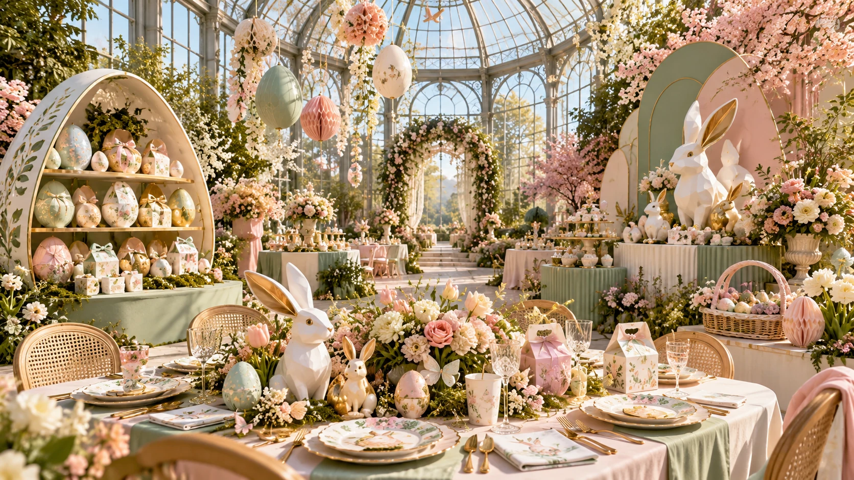 Concept render of a glass-roofed botanical conservatory styled for Easter, with sculptural bunny centrepieces, egg-shaped gift packaging, pastel paper decorations, baskets and floral tableware.
