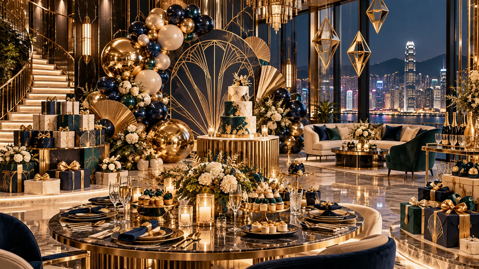 Concept render of an Art Deco penthouse birthday at night with navy and gold balloon installations, a gift-box wall, a geometric backdrop, gold hanging sculptures and coordinated luxury tableware.
