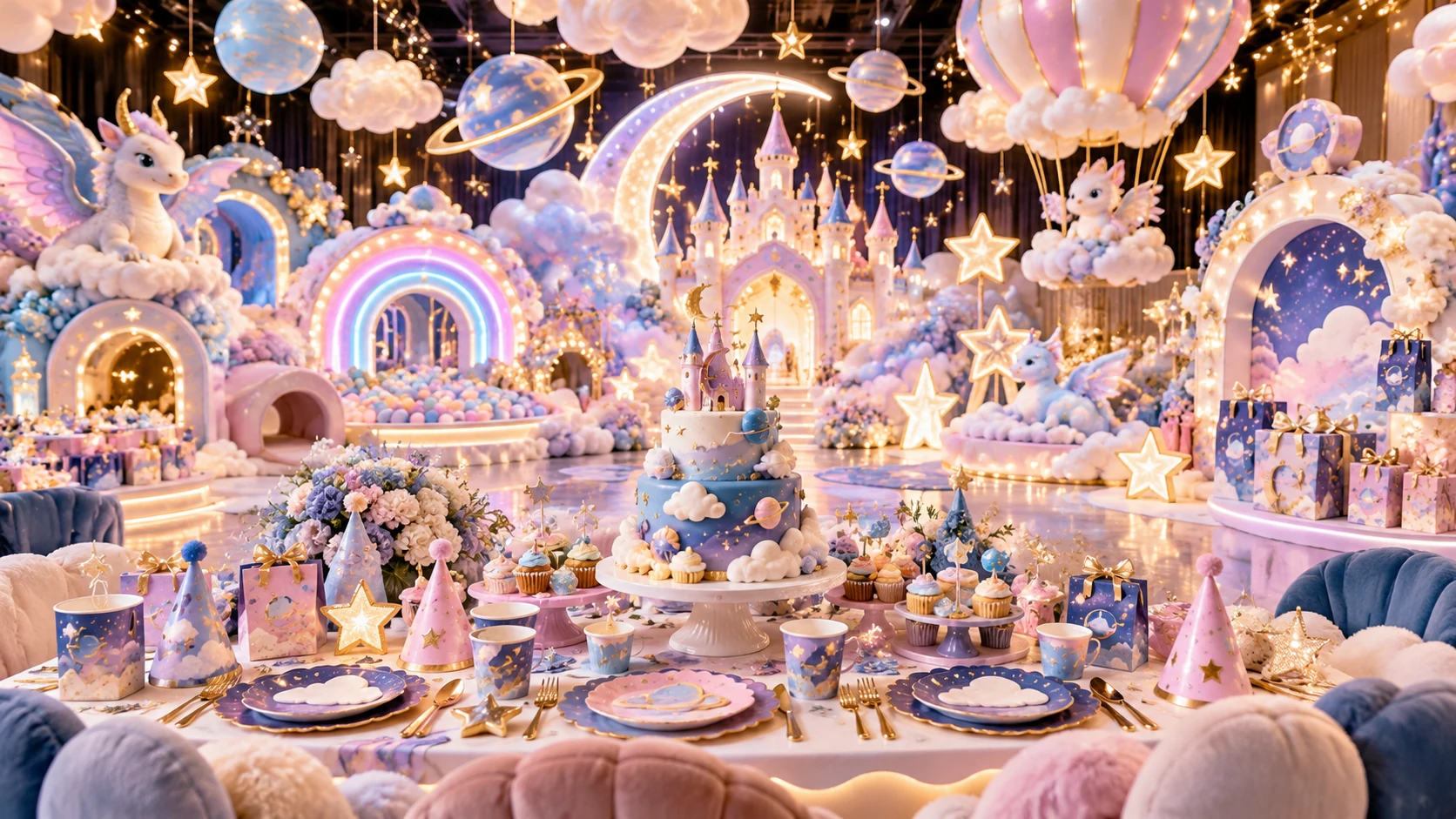 Concept render of an indoor fantasy birthday venue with a celestial castle backdrop, dream clouds, planets, star decorations and themed party tableware, hats and favour bags.
