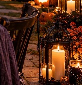 Black Lantern & Pillar Candle Cluster — Scene 04 Design Concept