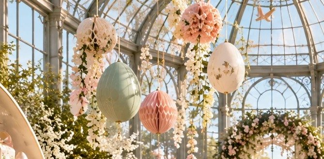 Hanging Egg & Blossom Pom-Pom Canopy — Scene 05 Design Concept
