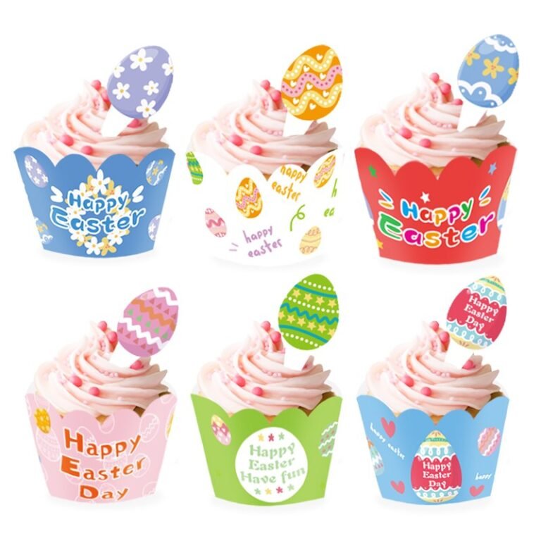 Easter Cake Wrap & Topper Set — Egg Design, 6 Wraps + 6 Toppers