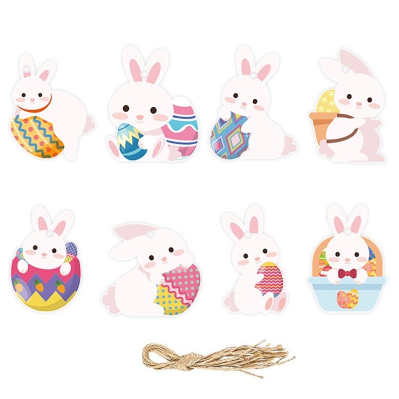 Easter Bunny Hanging Decoration Set — 8 Die-Cut Bunnies with Twine