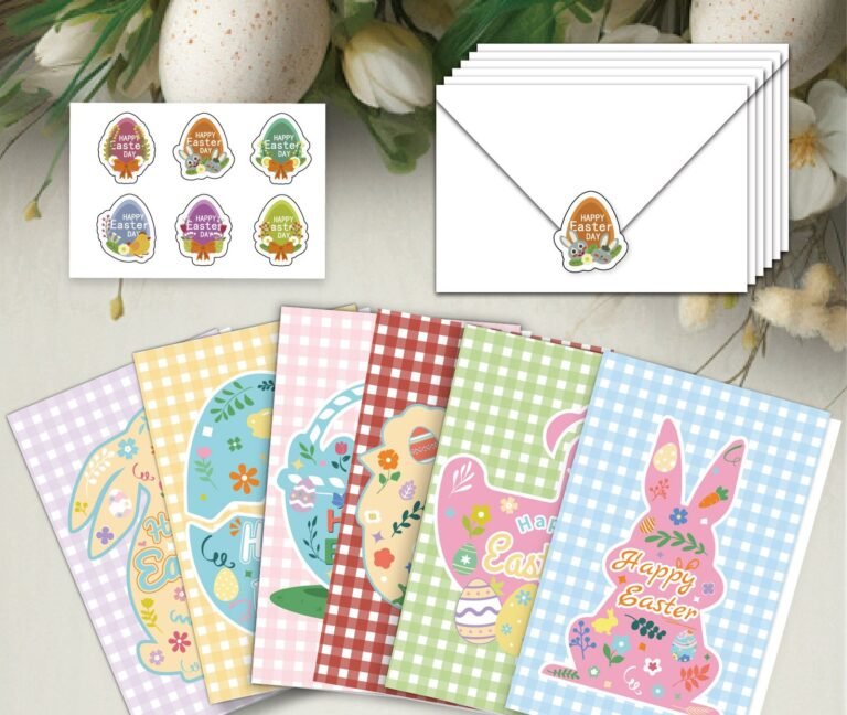 Easter Greeting Card Set — 6 Gingham Cards with Envelopes & Stickers