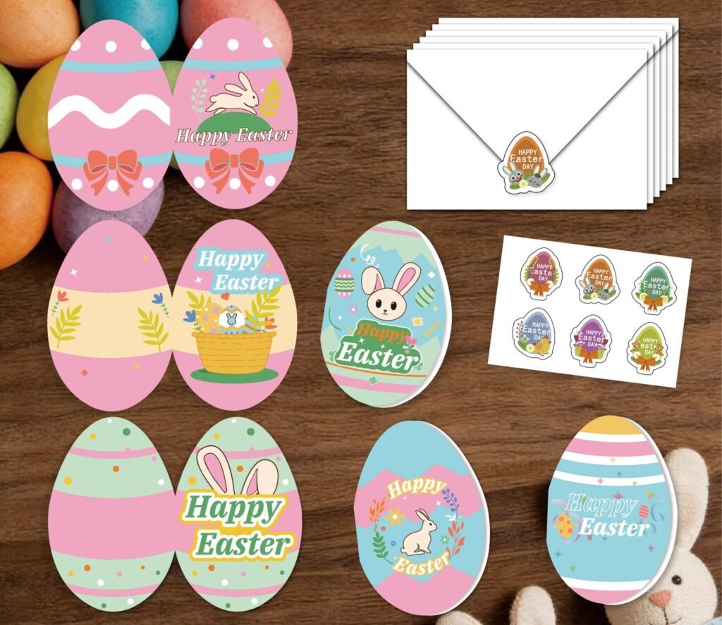 Egg-shaped Easter greeting card set with envelopes and sealing stickers — wholesale product photo