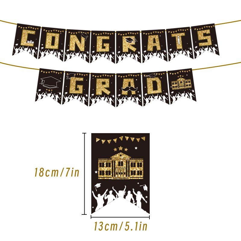 Graduation Bunting — Black & Gold CONGRATS GRAD, 14 Cards