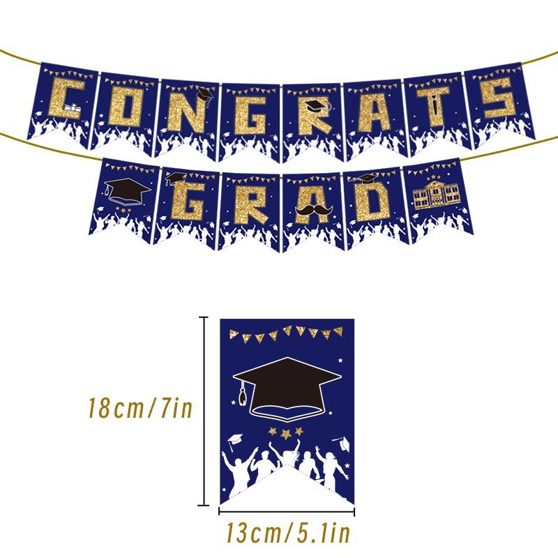 Graduation Bunting — Blue & Gold CONGRATS GRAD, 14 Cards