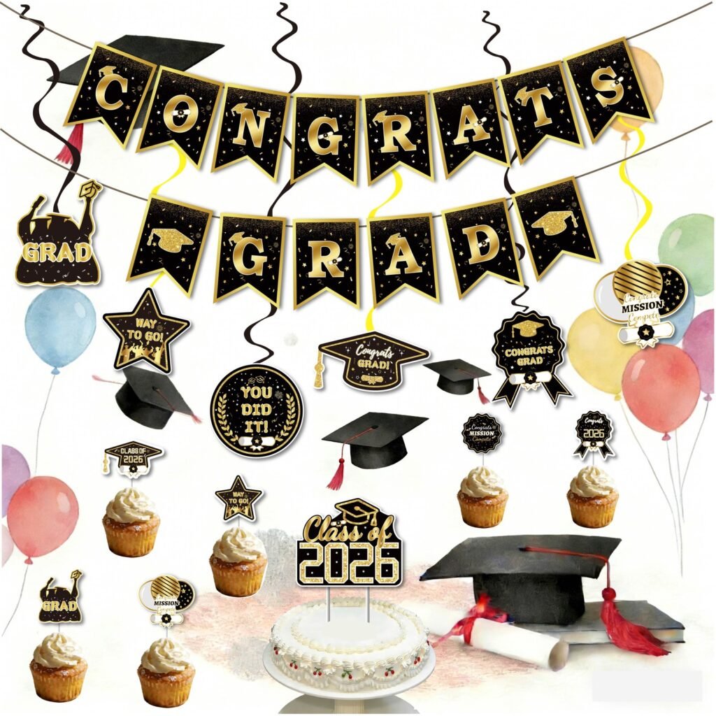 Graduation Bunting Set — Black & Gold, CONGRATS GRAD