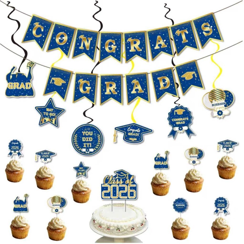 Graduation Bunting Set — Blue & Gold, 14 Cards on 2 × 3 m Twines