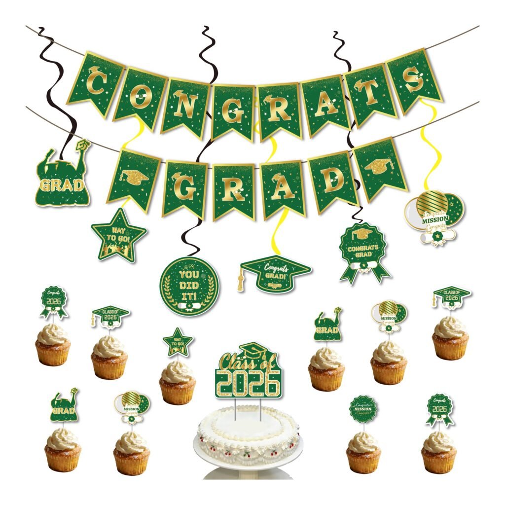 Graduation Bunting and Cake Topper Set — Green and Gold Edition