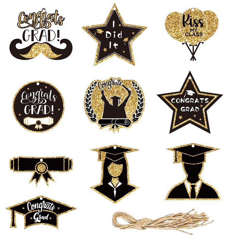 Graduation Hanging Decoration Set — Black & Gold, 10 Cards with Cords