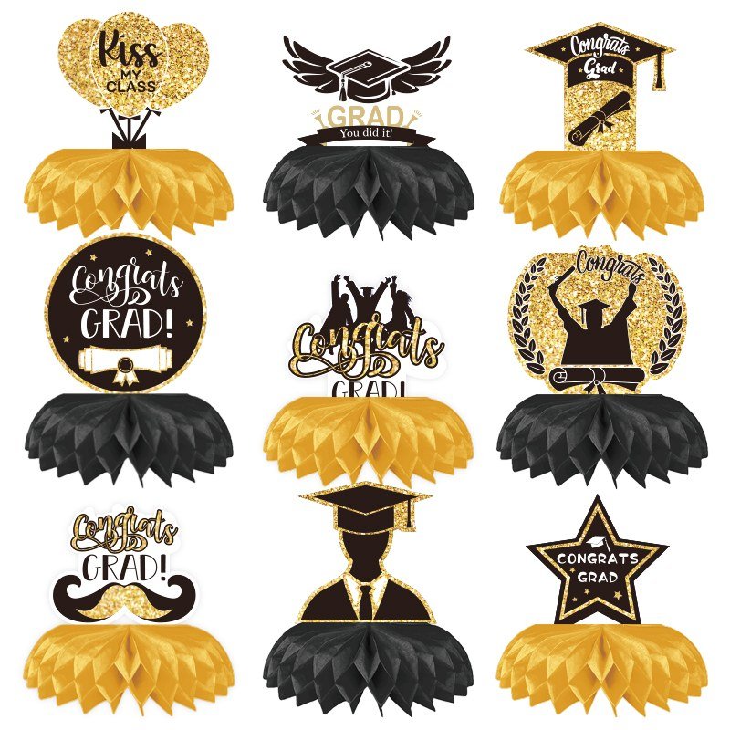 Graduation Honeycomb Table Decorations — Black & Gold Cap Design