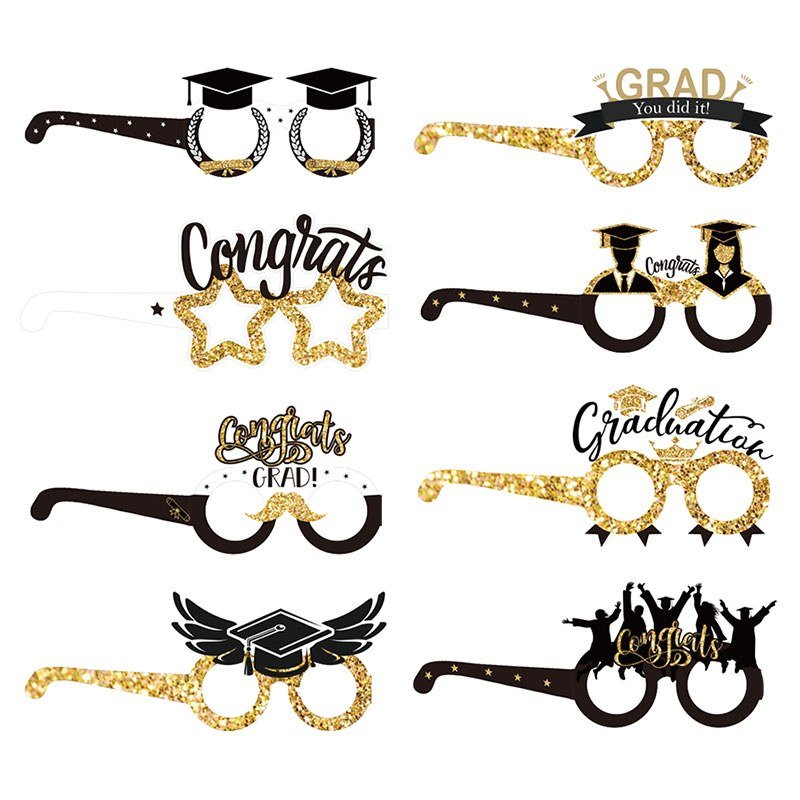 Graduation Photo Booth Glasses — 8-Piece Black & Gold Party Prop Set