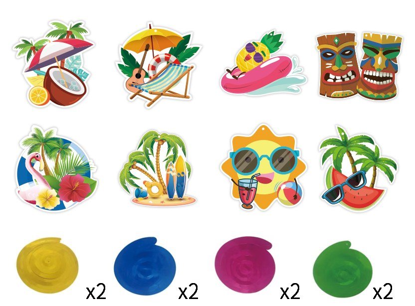 Hawaiian Luau Hanging Swirl Set — 8 Tropical Cards with Spirals