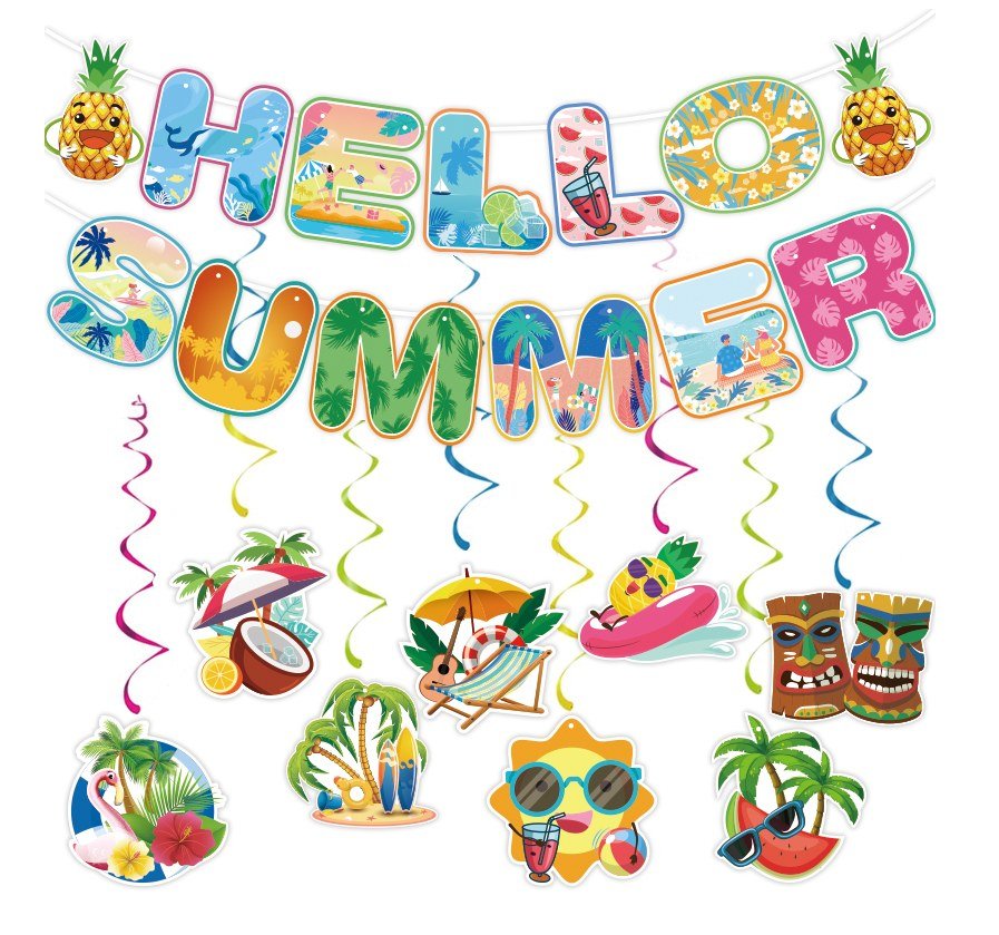 Hello Summer Bunting & Hanging Swirl Set — Hawaiian Luau Theme