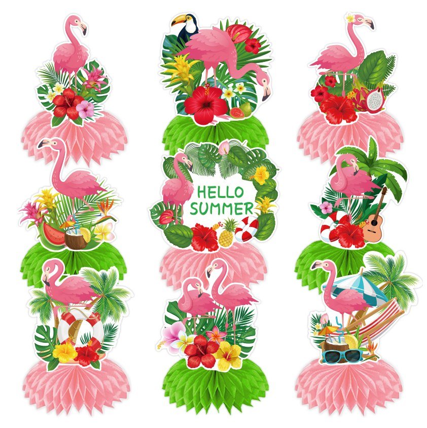 Flamingo Honeycomb Table Decorations — 9-Piece Set with Bases