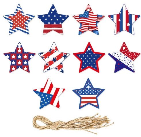 4th of July Star Hanging Decoration Set — 10 Patriotic Stars with Twine
