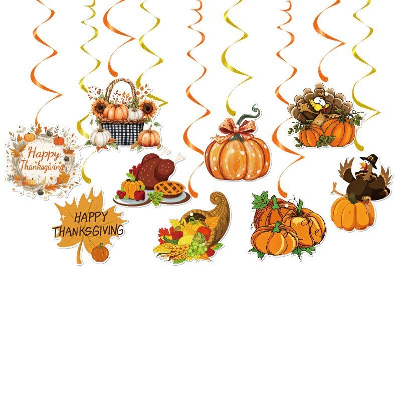 Thanksgiving Hanging Swirl Set — 9 Cards with Gold & Orange Spirals