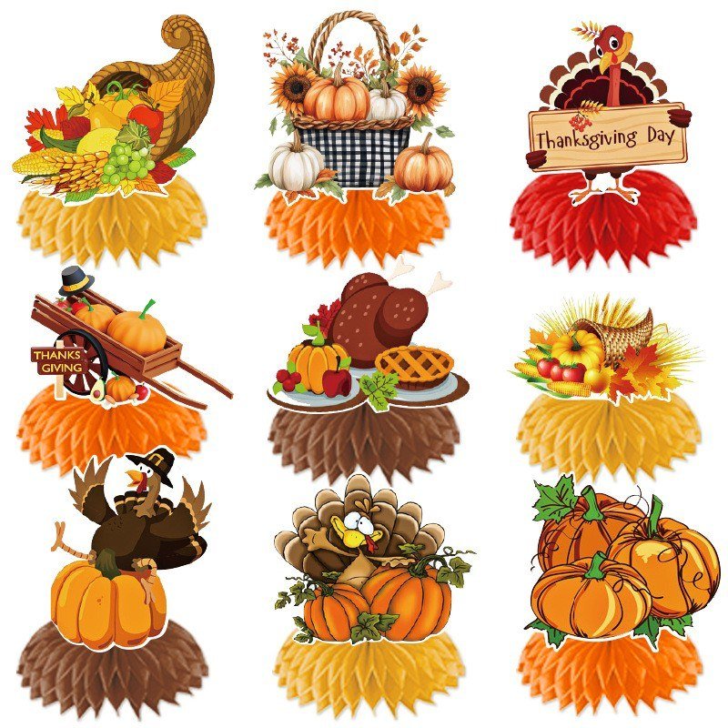 Thanksgiving Honeycomb Table Decorations — Turkey Feast Design, 9 Pieces