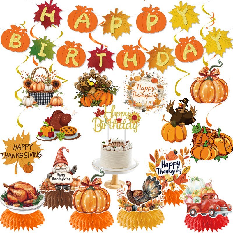 Thanksgiving Party Decoration Kit — Garland, Swirls, Honeycomb & Cake Insert
