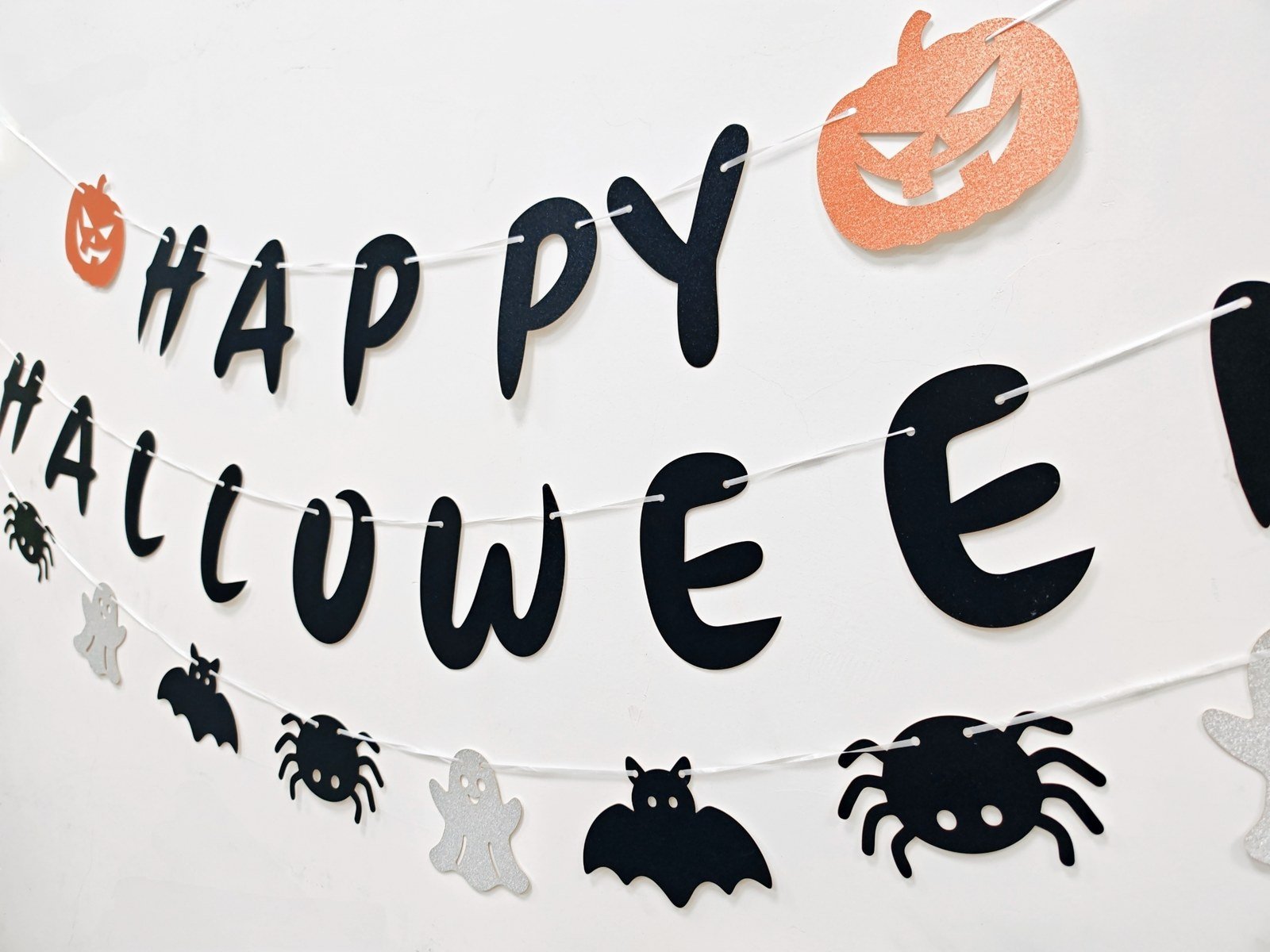 Halloween glitter letter banner with black and orange letters, silver ghosts, bats and pumpkins — additional view