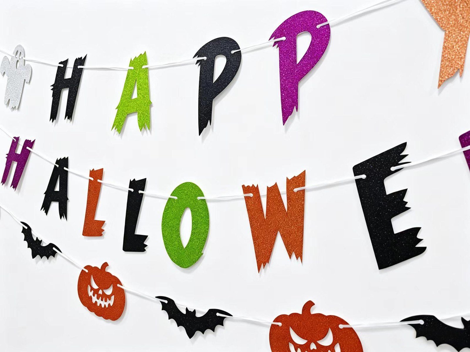Halloween glitter letter banner with multicolour letters, silver ghosts, black bats and orange pumpkins — additional view