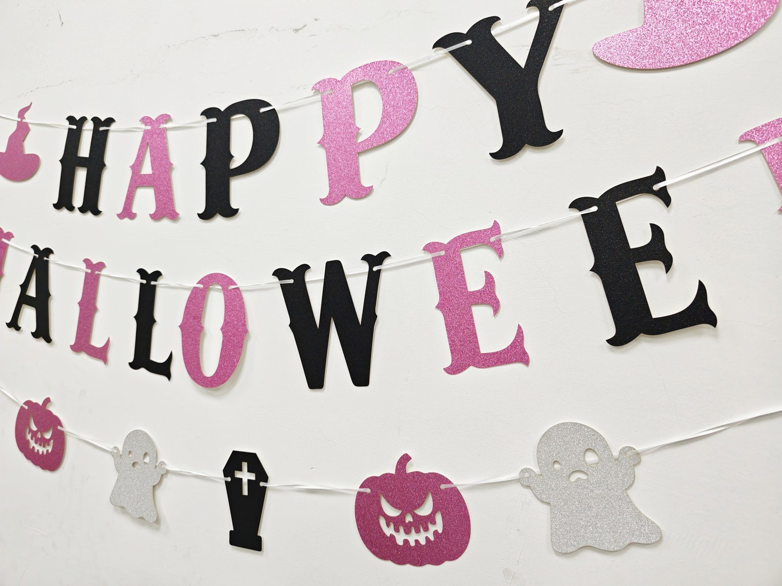 Halloween glitter letter banner with pink and black letters, pumpkins, ghosts and skeletons — additional view