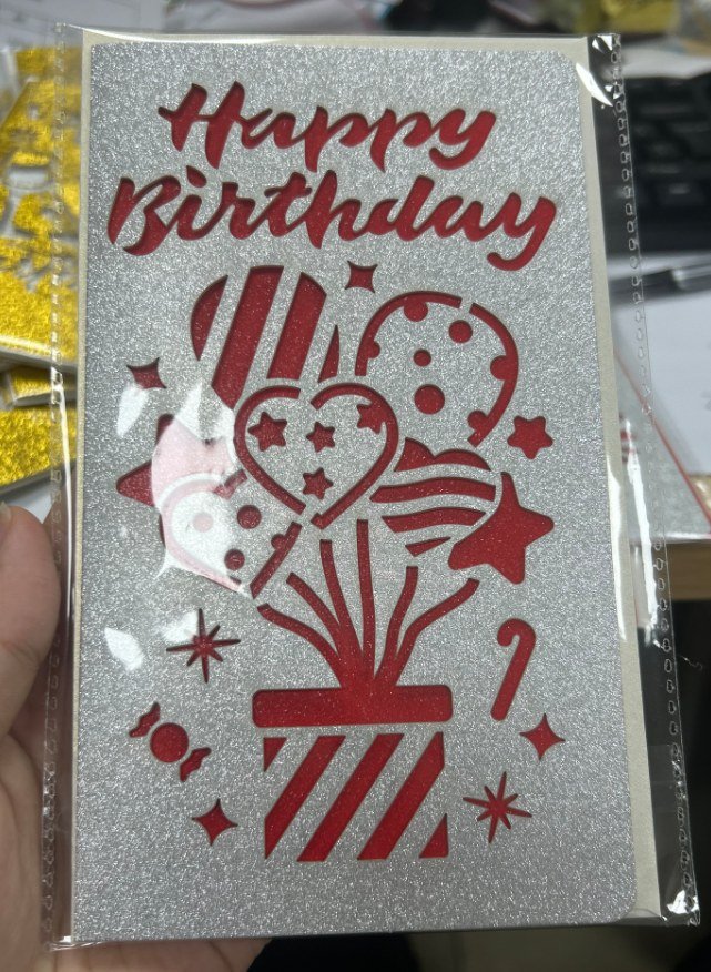 Silver laser-cut birthday greeting card with envelope — additional view
