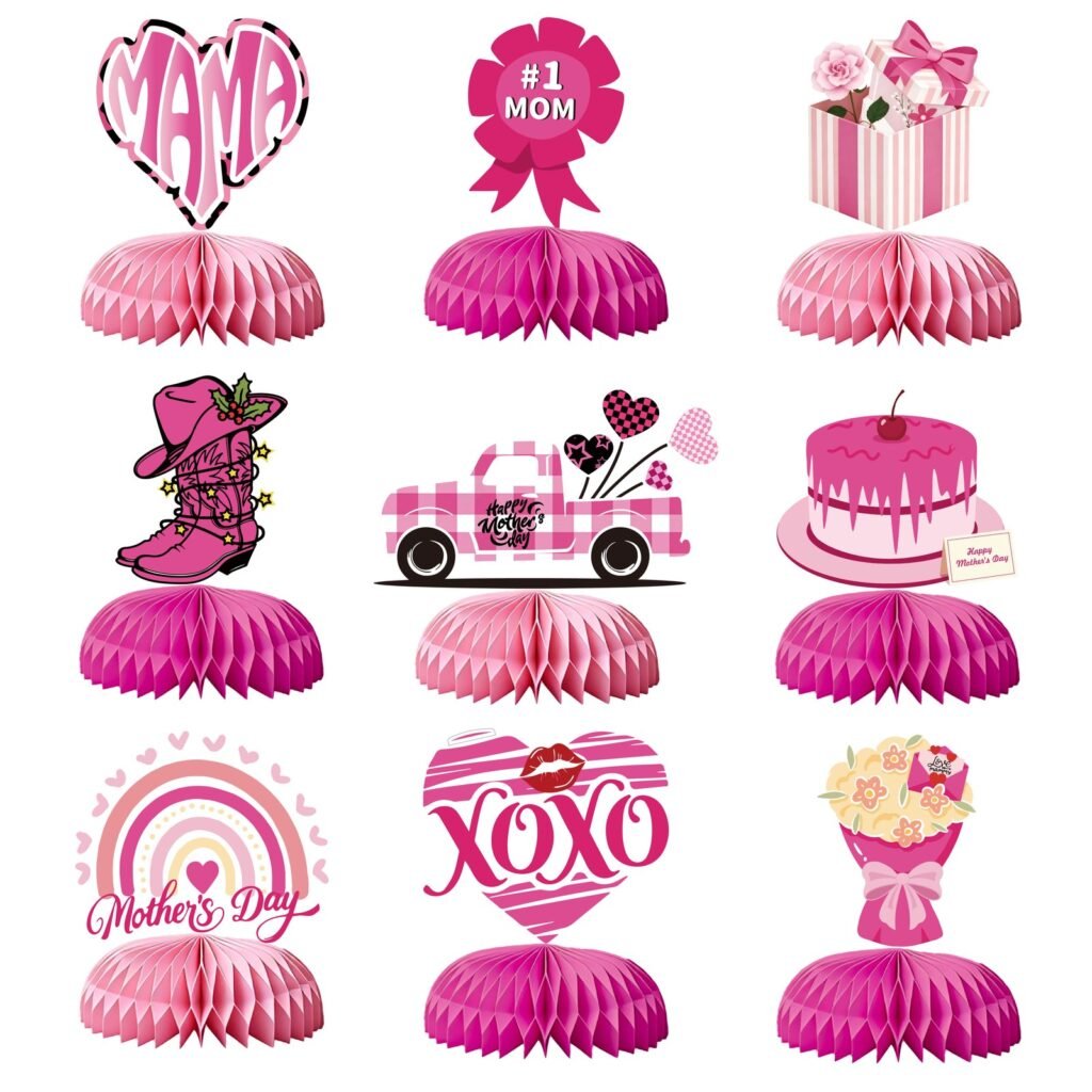 Mother’s Day Honeycomb Table Decorations — Pink Floral Design, 9 Pieces