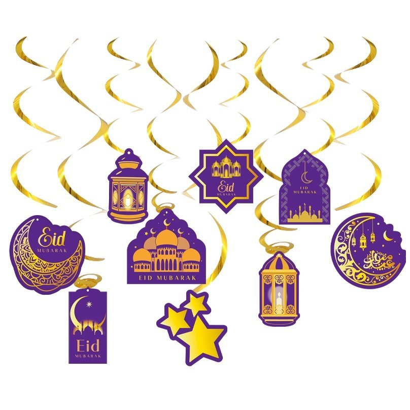 Eid Mubarak Hanging Swirl Set — 9 Purple and Gold Pieces