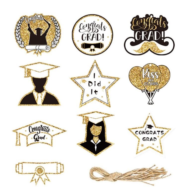 Graduation Hanging Decoration Set — 10 Gold Glitter Pieces with Twine