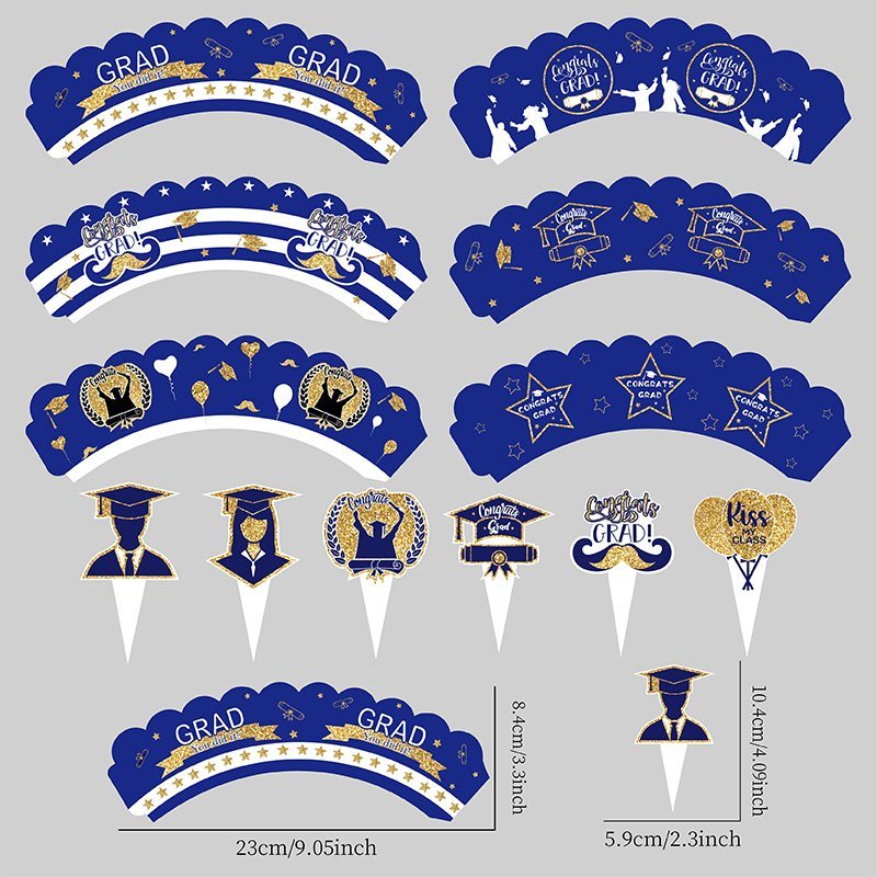 Graduation Cake Wrap and Pick Set — 6 Blue and Gold Wraps with 6 Picks
