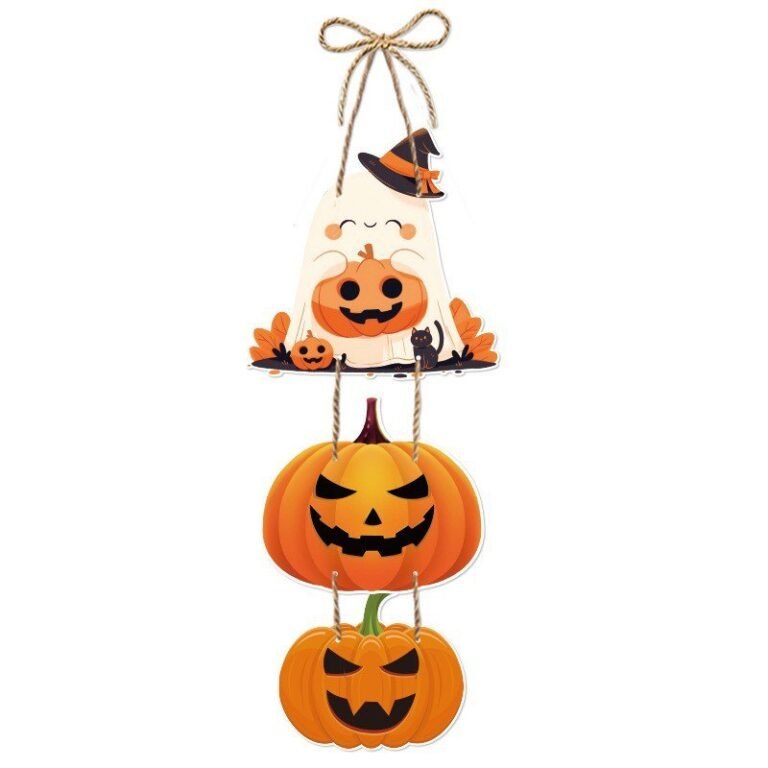 Halloween Ghost and Pumpkin Door Hanger — 3-Piece Hanging Set with Twine