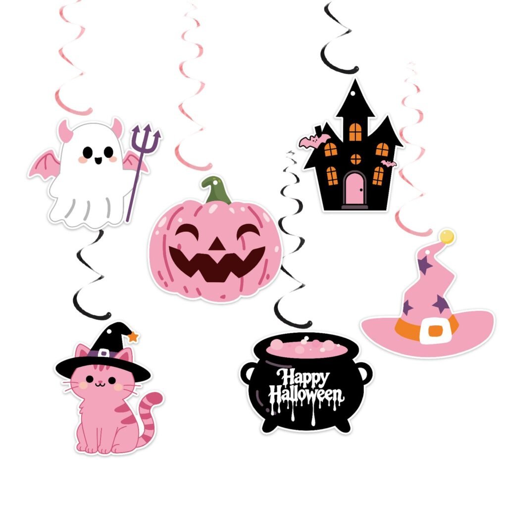 Pink Halloween Hanging Swirls — 6-Piece Set with Swirl Tails