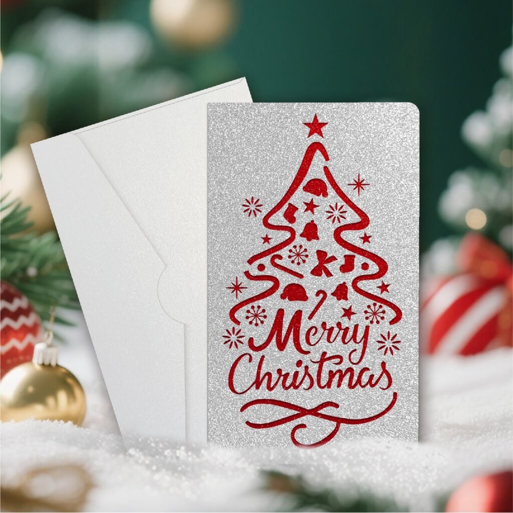 Silver Glitter Laser-Cut Christmas Tree Greeting Card — with Envelope