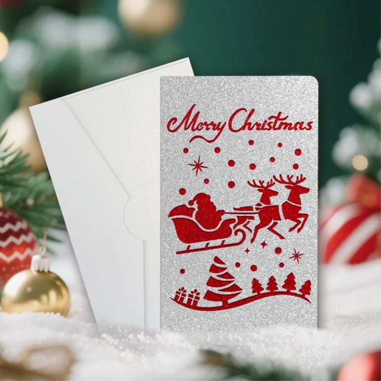 Silver Glitter Laser-Cut Santa Sleigh Christmas Card — with Envelope