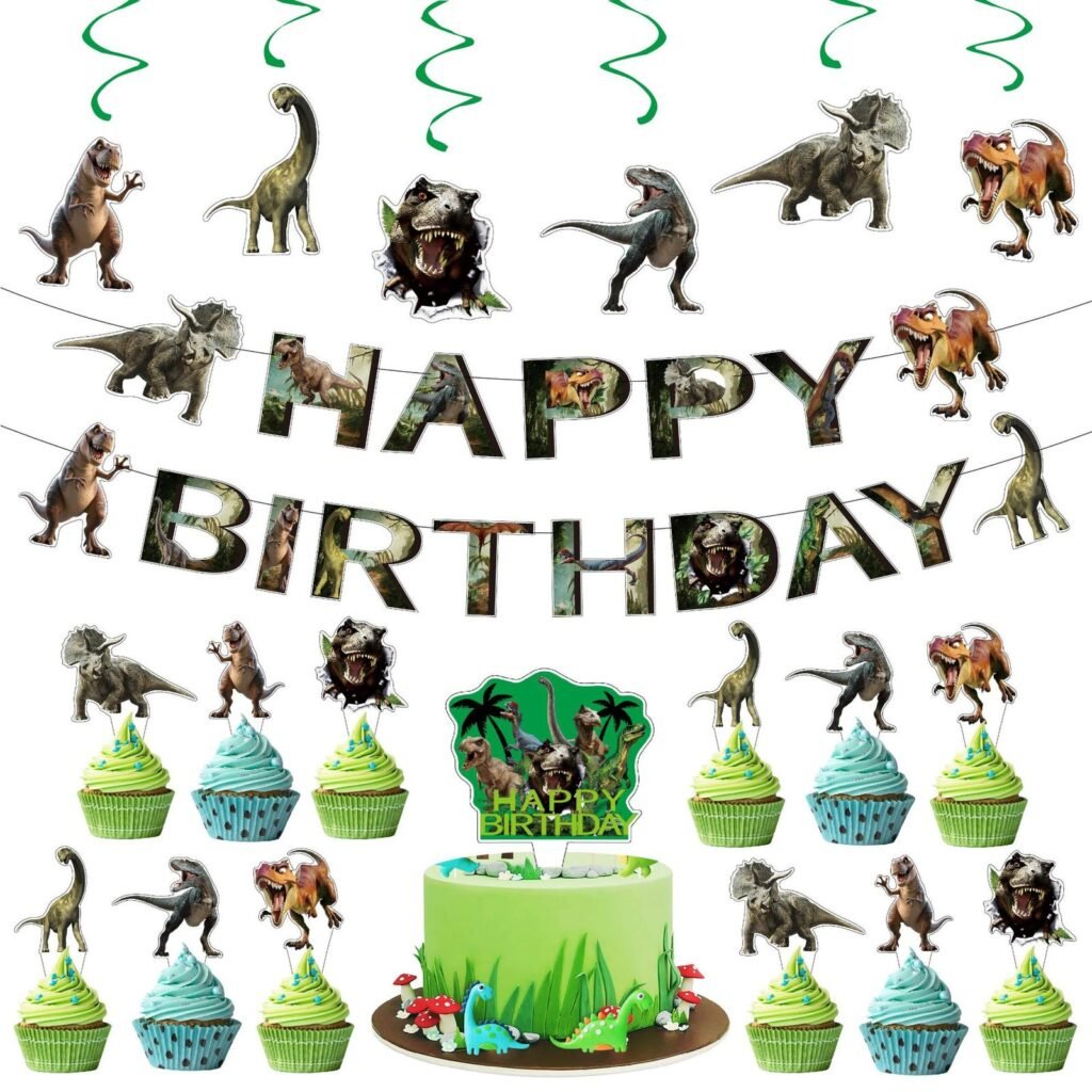 Dinosaur Birthday Party Decoration Set — Banner, Swirls and Cake Toppers — wholesale party supplies