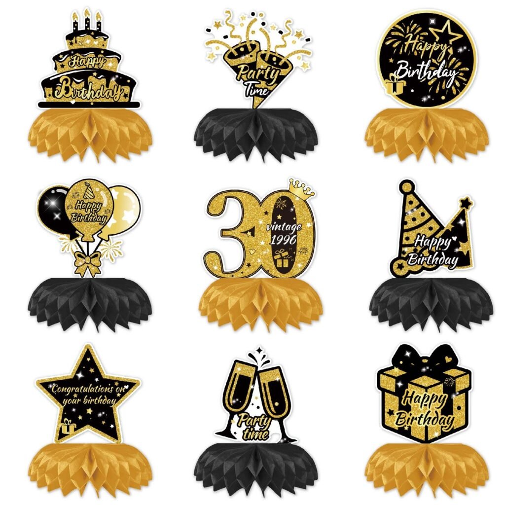 30th Birthday Gold Honeycomb Centrepiece Set — 9 Pieces
