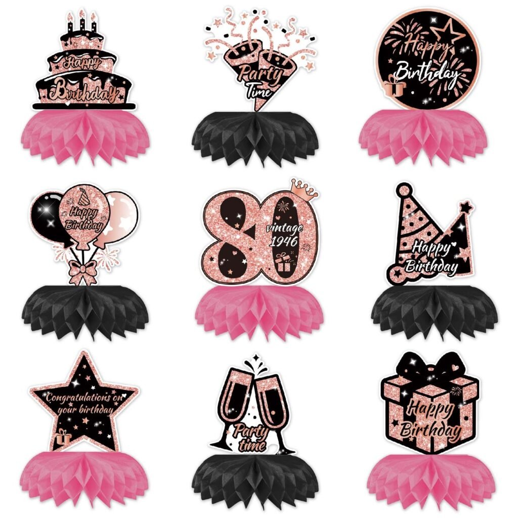 80th Birthday Pink Honeycomb Centrepiece Set — 9 Pieces