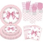 Pink Bow & Checker Birthday Party Tableware Set