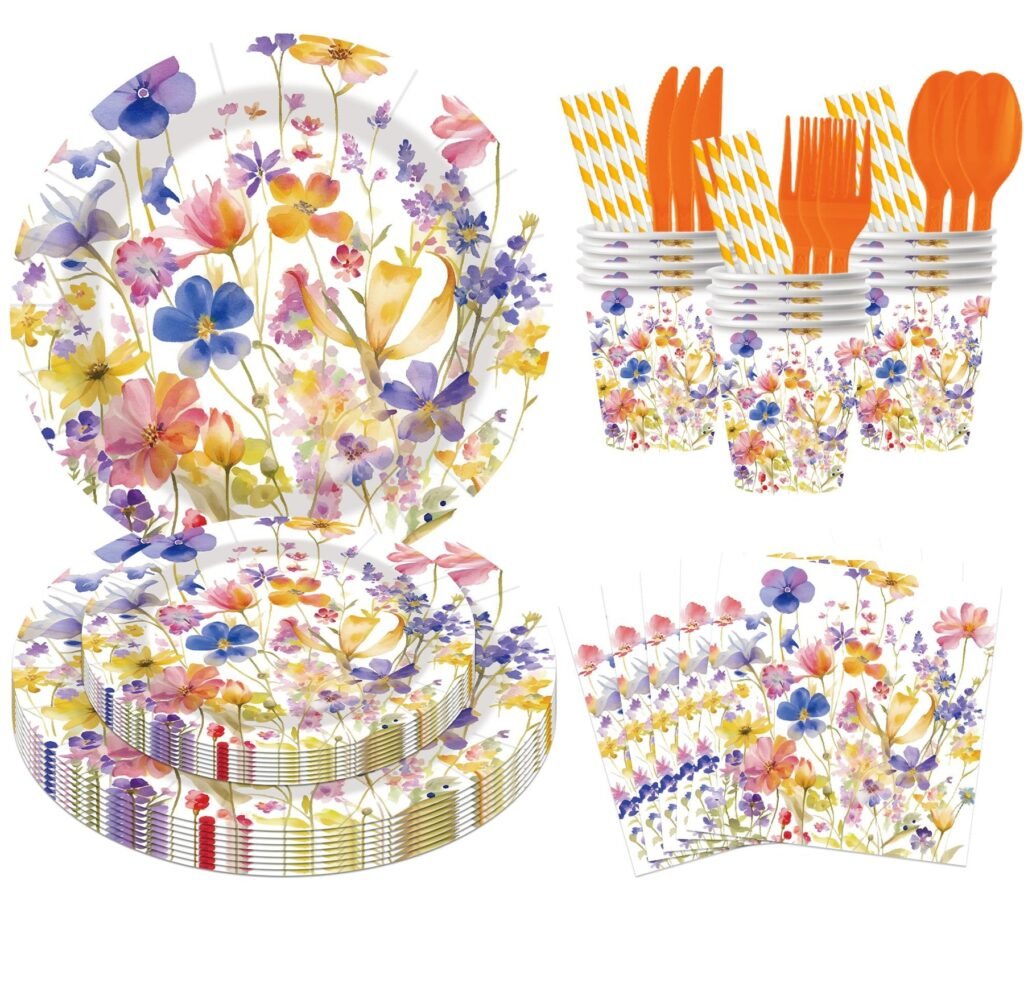Watercolor Wildflower Spring & Garden Birthday Party Tableware Set