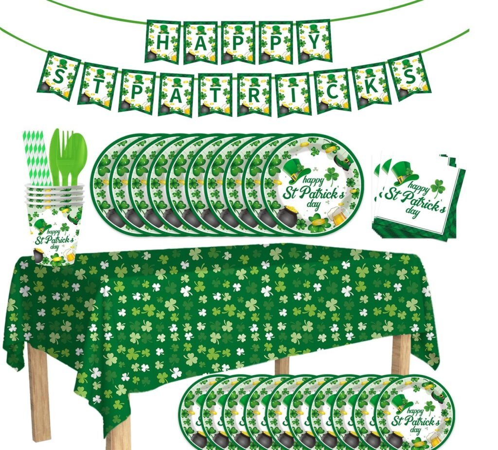 St. Patrick’s Day Green & White Party Tableware Set — Shamrock-Themed Dinnerware