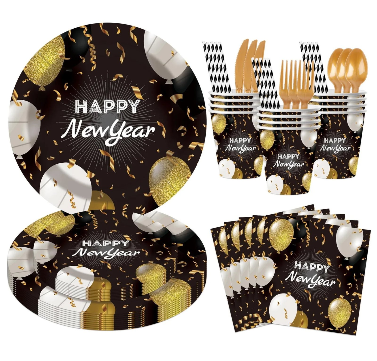 Black & Gold Happy New Year Party Tableware Set